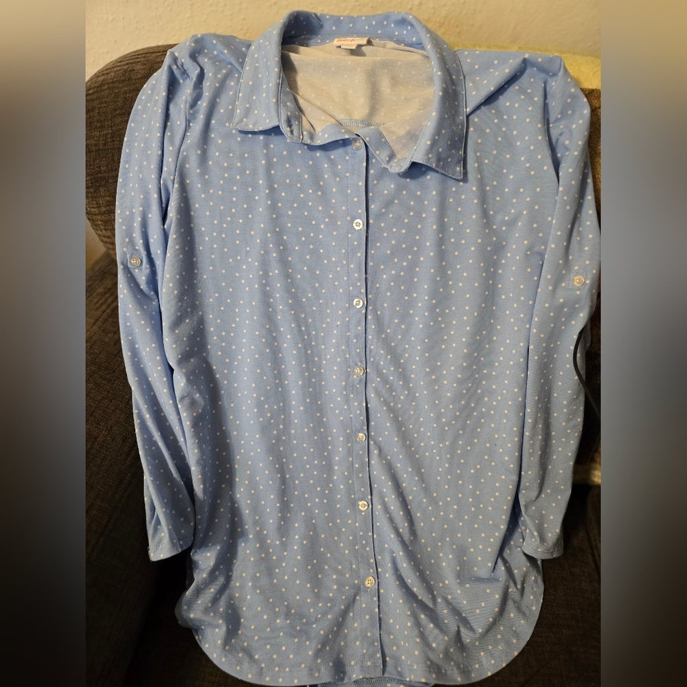 LuLaRoe Blue and White Polka Dot Top